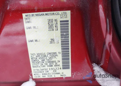 2014 Nissan Altima 2.5 S z USA, uszkodzony, nr VIN 1N4AL3AP3EC191224